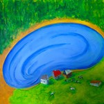 Blue Pond With Houses and Cows