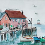 Dock in Maine with Boats and Gulls